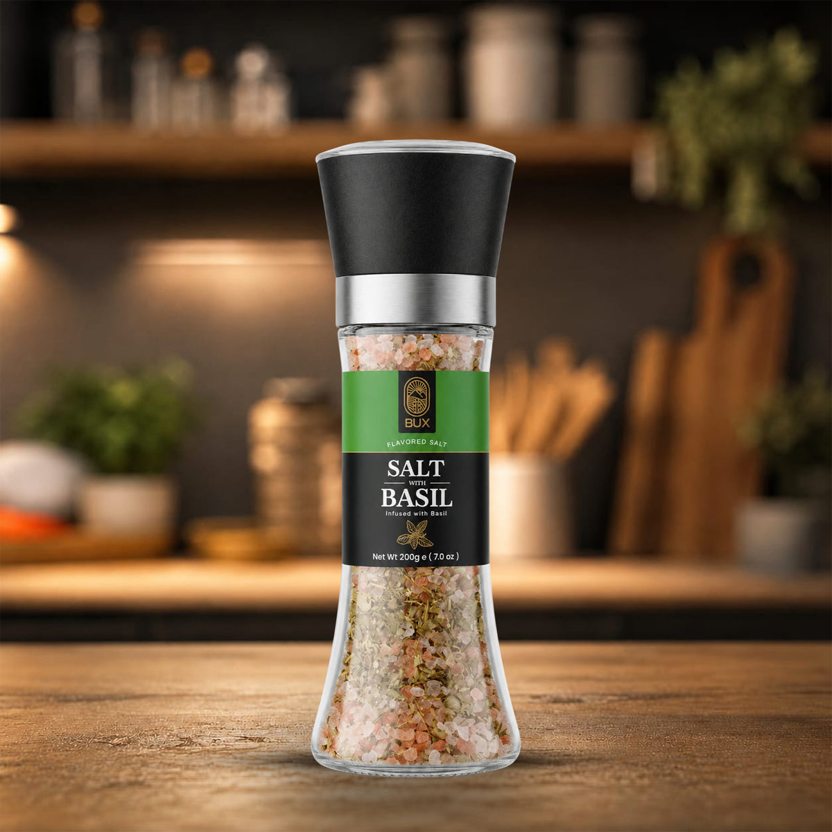 Bux Salt With Basil Glass Grinder 200gm